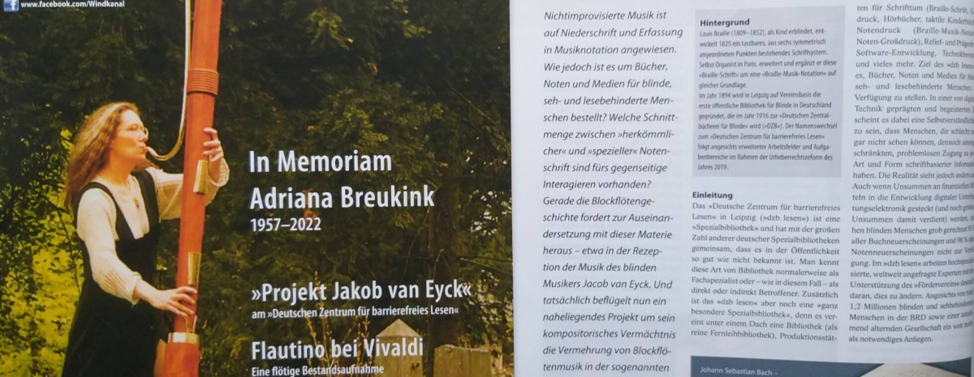 Cover des Magazins Windkanal und die aufgeschlagene Seite des Artikels "Das Projekt Jacob van Eyck"