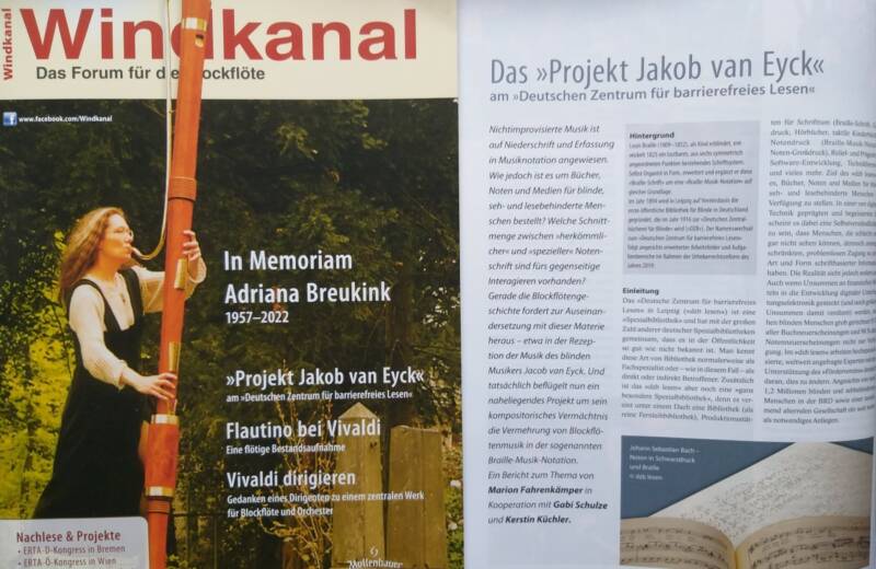 Cover des Magazins Windkanal und die aufgeschlagene Seite des Artikels "Das Projekt Jacob van Eyck"
