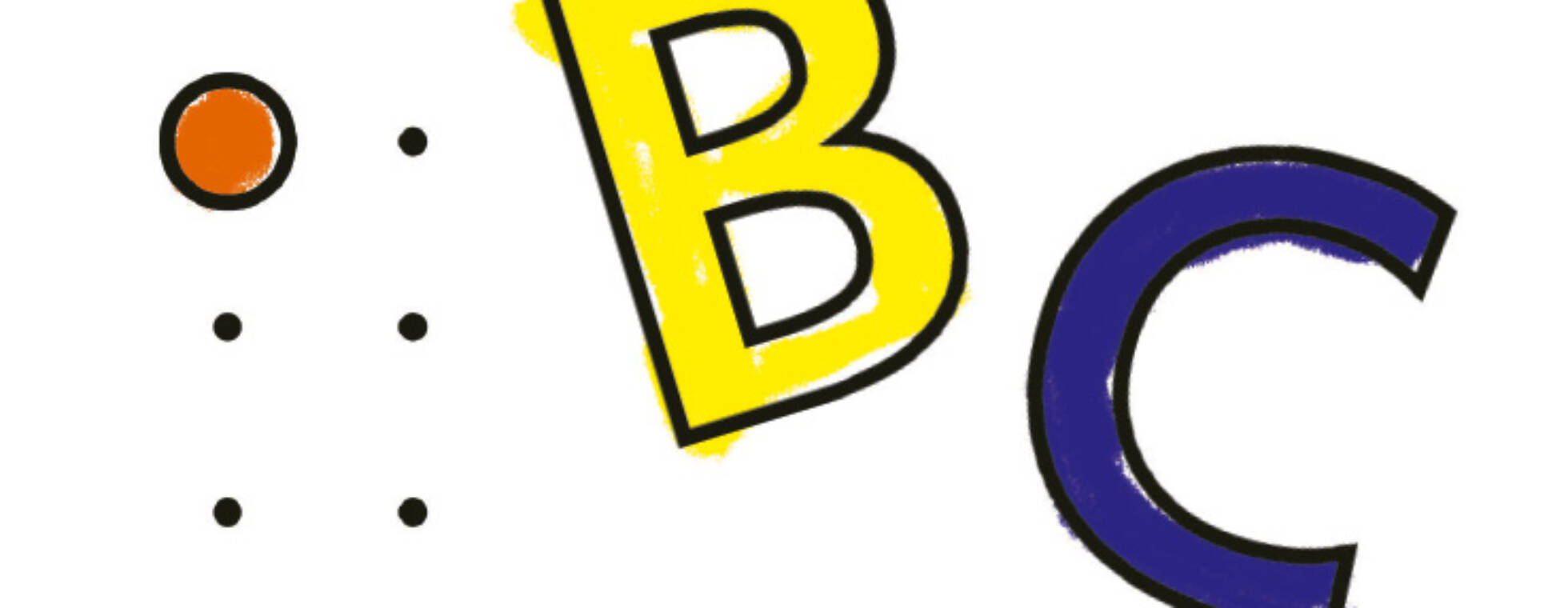 Cocer-Illustration: 3 Buchstaben tanzen: ein rotes A in Braille, ein gelbes B und ein lila C in Schwarzschrift mit Kontur