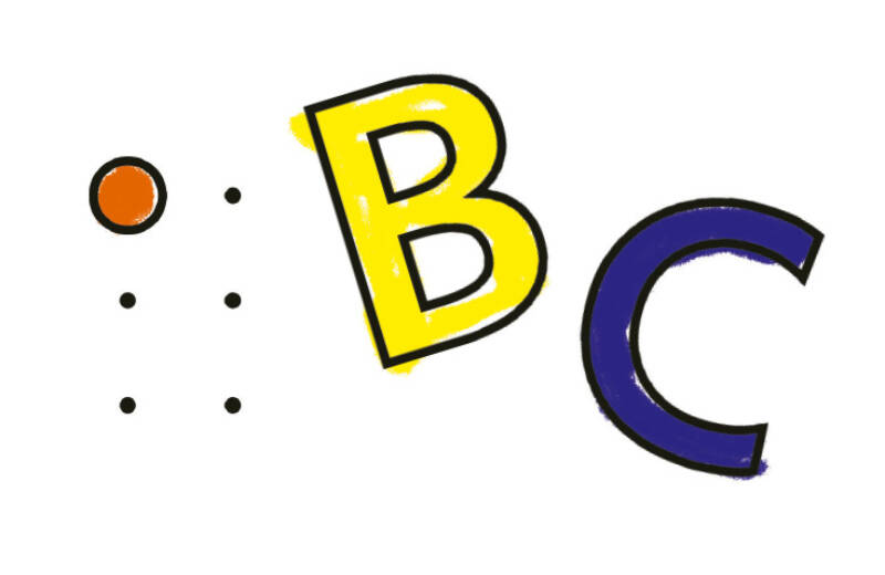 Cocer-Illustration: 3 Buchstaben tanzen: ein rotes A in Braille, ein gelbes B und ein lila C in Schwarzschrift mit Kontur
